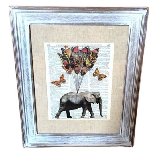 Framed Elephant and Butterfly Print on Recycled Encyclopedia Page - Picture 2 of 16